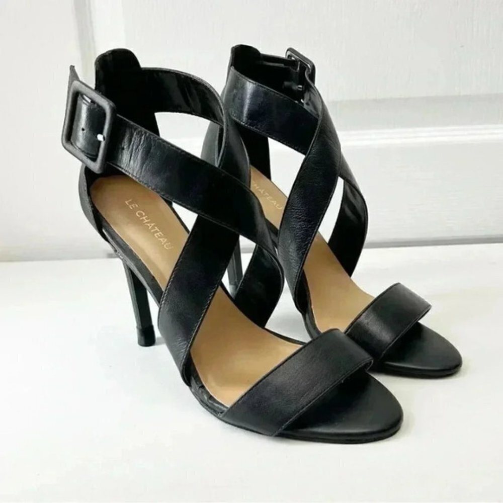 Le Chateau Strappy Leather Sandals High Heel Stilettos Black Size 7.5 - Picture 3 of 16